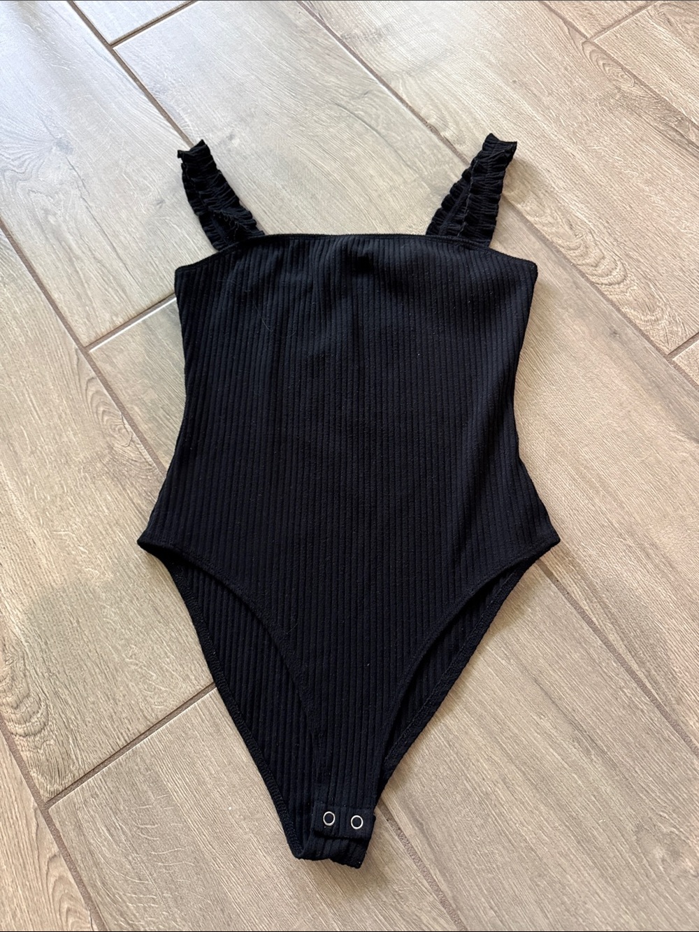 Forever 21 Black Ribbed Ruffle Strap Bodysuit